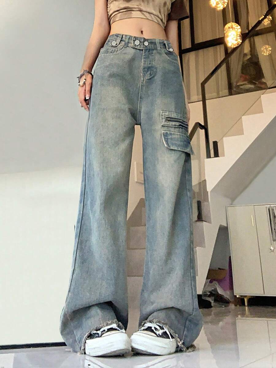 Zipper Detail Wide Leg Jeans - Medium Wash - View 1
