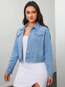SHEIN Privé Rhinestone Embellished Thermal Lined Denim Jacket - Light Wash - View 4