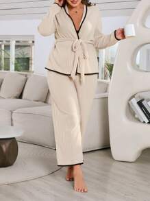 女款大尺碼對比色邊緣配腰帶睡衣套裝 - 杏色 - 查看 4