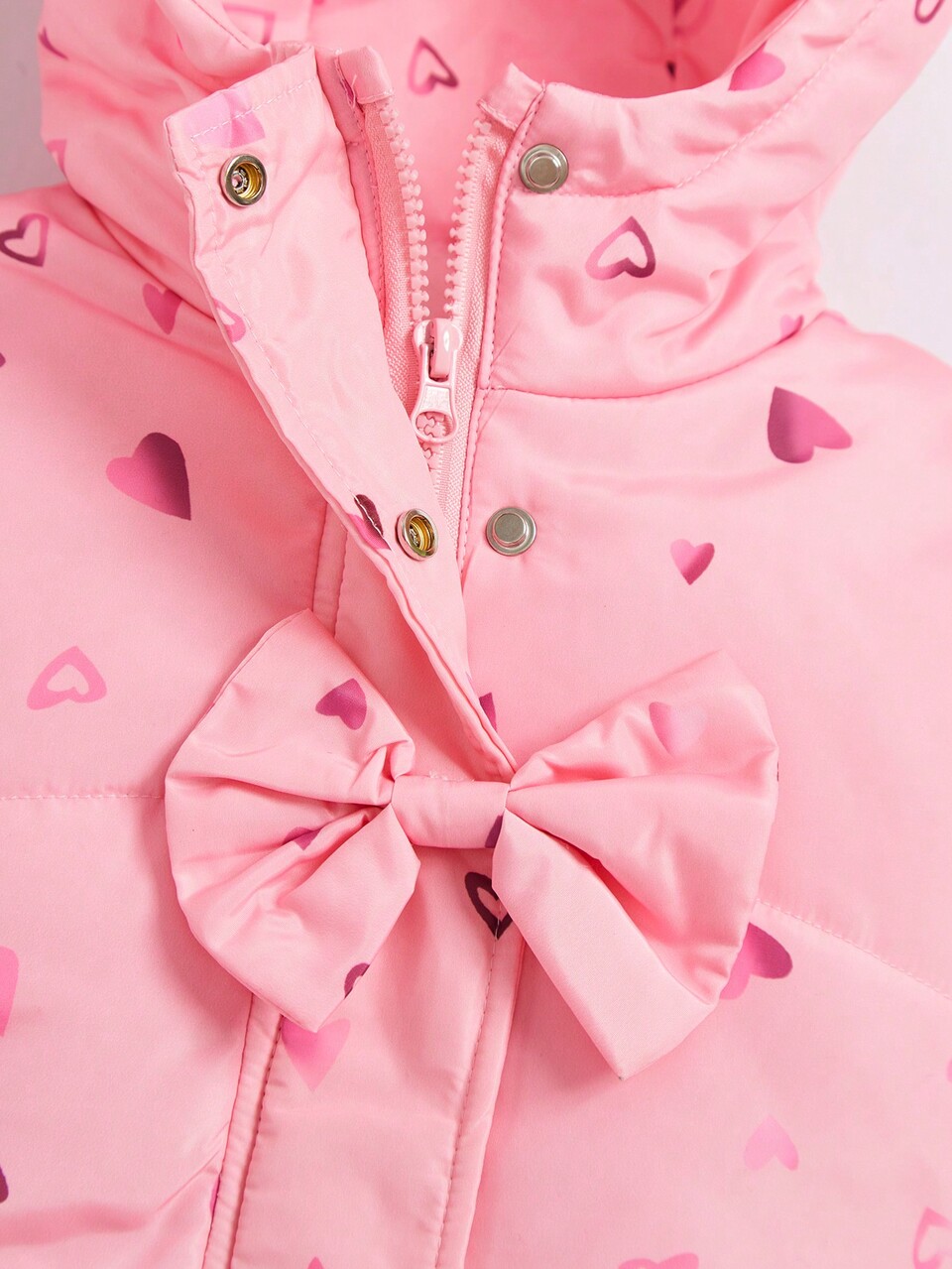 Young Girl Colorful Heart Patterned Hooded Coat With Bow, Fall / Winter