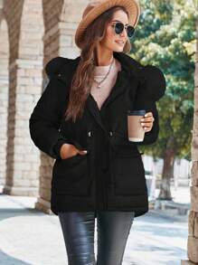 SHEIN LUNE 女士纯色长袖拉链抽绳腰部毛茸茸连帽休闲加厚棉服外套，冬季服装 - 黑色 - 查看 4