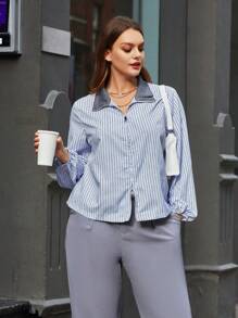 SHEIN Essnce 大尺寸女士條紋和花卉印花拉鍊v領燈籠袖襯衫