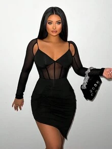 VaVaBold Viền bất đối xứng Tay áo dài Lưới Nối Đầm - màu đen - Xem 4