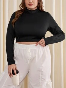 SHEIN Essnce Của phụ nữ Kích thước lớn Đứng cổ áo Quần skinny Áo thun - màu đen - Xem 3