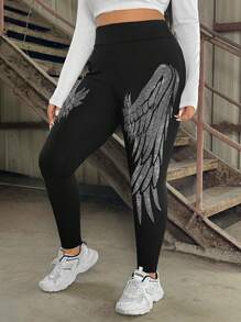 SHEIN EZwear Plus Size Leggings With Hotfix Rhinestone Wings Pattern - Black - View 4
