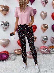 SHEIN LUNE Women's Plain T-shirt And Colorful Love Pattern Leggings 2pcs Set - Multicolor - View 6