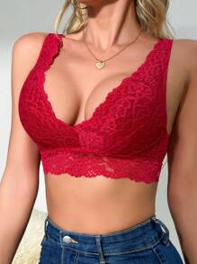 女士内衣蕾丝无钢圈文胸，后背带绑带 - 酒紅色 - 查看 4