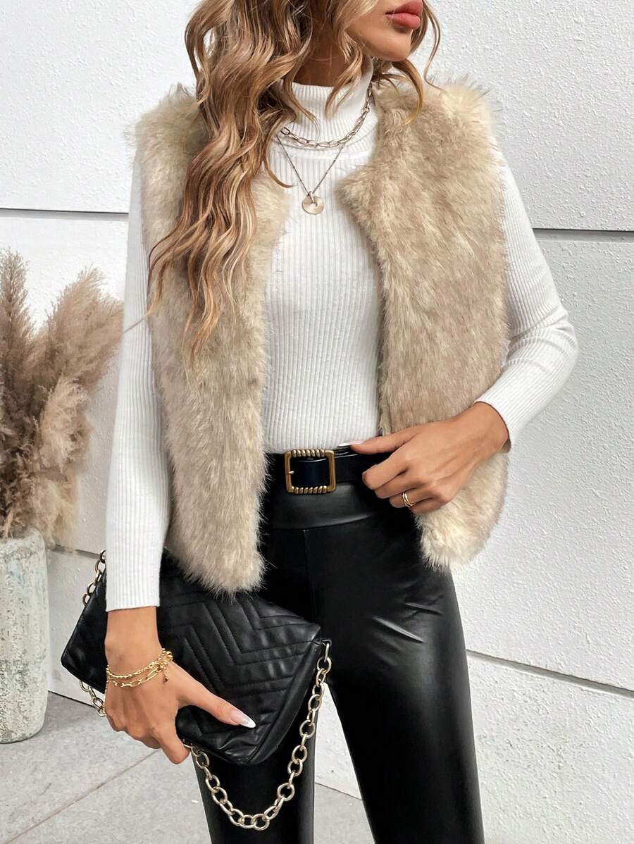 SHEIN Essnce Của phụ nữ Sang trọng Mở Mặt trước Không tay Áo vest - Màu Khaki - Xem 1