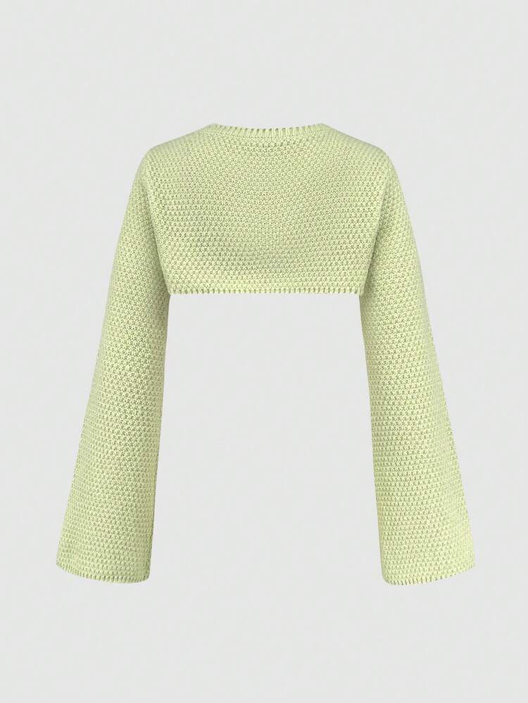 Women's Floral Embroidery Round Neck Flare Sleeve Cropped Knit Pullover Fall Winter Sweater