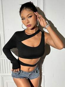 SHEIN Unity 女士不对称领口镂空上衣 - 黑色 - 查看 4