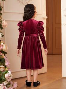 SHEIN 少女緊身天鵝絨裙,配有羊肉袖和豐富的珠子點綴 - 酒紅色 - 查看 3