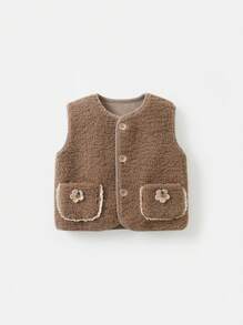 Baby Girls' Solid Color Sleeveless Jacket With Flower Decoration, For Autumn/winter - Brown - View 1