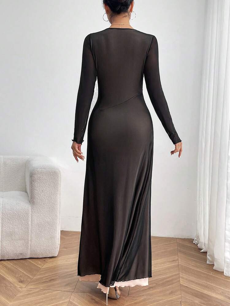 Women's Draped Collar Slit Hem Solid Color Sheath Dress