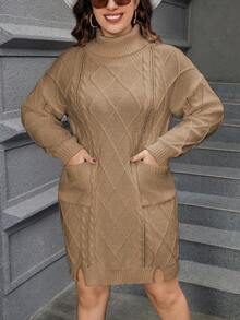Calvaya Plus Size Women'S Cable Knit High Neck Sweater Dress - Khaki - View 3