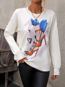 SHEIN LUNE Women's High Heels Printed Round Neck Sweater Knit Pullover Fall Winter Outfit