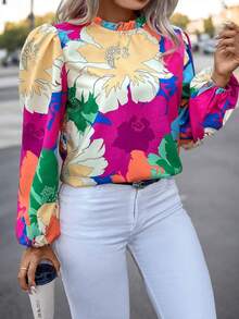 SHEIN LUNE Hơn In hoa Lá sen tỉa Tay áo lồng đèn Áo sơ mi - Nhiều màu - Xem 5