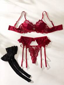 SHEIN Conjunto De Lencería Sexy De Encaje Para Mujer: Sujetador Y Bragas - Burdeos - Ver 4