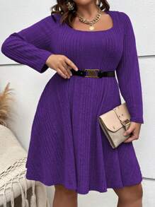 SHEIN Clasi Plus Size Women's Big Round Neck Ribbed Bodycon Dress - Purple - View 4