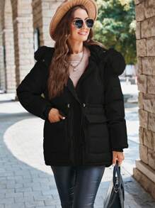 SHEIN LUNE 女士纯色长袖拉链抽绳腰部毛茸茸连帽休闲加厚棉服外套，冬季服装 - 黑色 - 查看 3