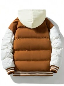 Men's Long Sleeve Striped Padded Coat With Hood & Drawstring Detail, Fall/Winter - Brown - View 2