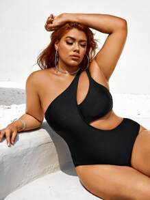 Swim SXY 大码女式单肩镂空连体泳衣 - 黑色 - 查看 6