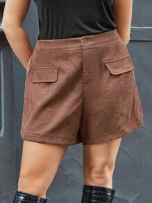 SHEIN Essnce Plus Size Women's Corduroy Straight Shorts - Brown - View 3