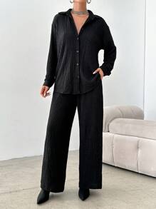 EURMUSE Women's Two Piece Silk-like Blouse And Pants Set - Black - View 4