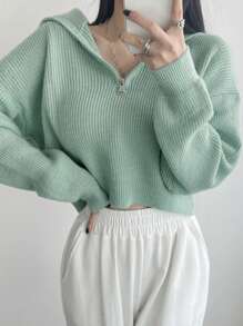 DAZY Ladies' Solid Color Short Hooded Zippered Sweater - Green - View 1