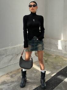 DAZY 女式高领星星刺绣开衩毛衣 Y2K 秋季 - 黑色 - 查看 4