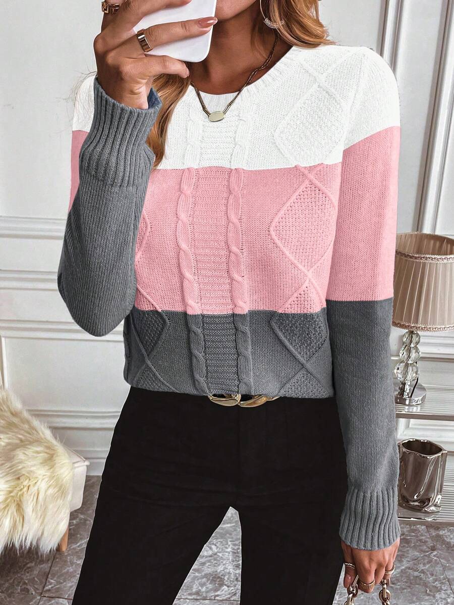 Chiquease Color Block Cable Knitted Sweater,Long Sleeve Tops Fall Winter - Multicolor - View 1