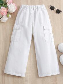 SHEIN Vintaside Kids Young Girl Streetwear, Sweet & Cool Wide Leg Utility Jeans With Large Pockets - White - View 2