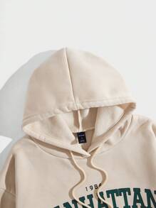 ROMWE MEN Prep Men Letter Printed Hooded Sweatshirt With Drawstring - Apricot - View 4