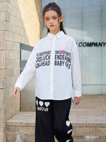 SHEIN Tween女孩寬鬆版白色襯衫,印有口號字樣和面部插圖 - 白色 - 查看 5