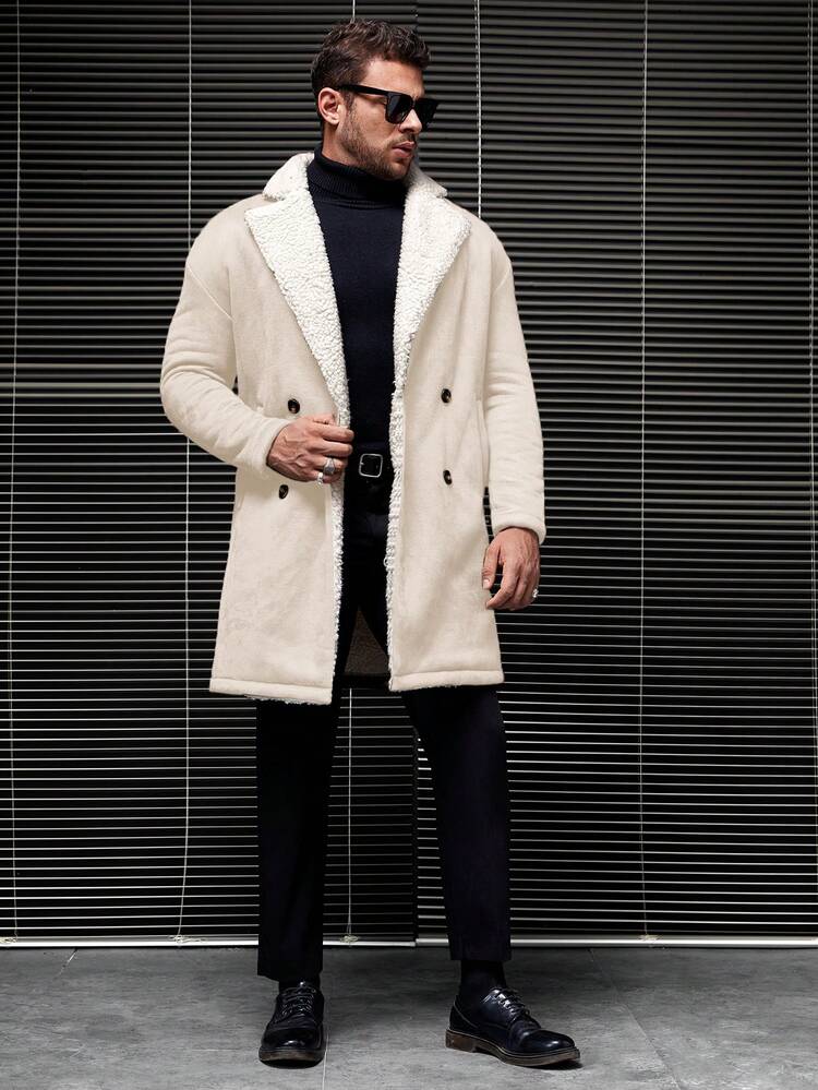 GENTILAND Men's Loose Plush Lined Lapel Collar Long Coat - Khaki - View 5