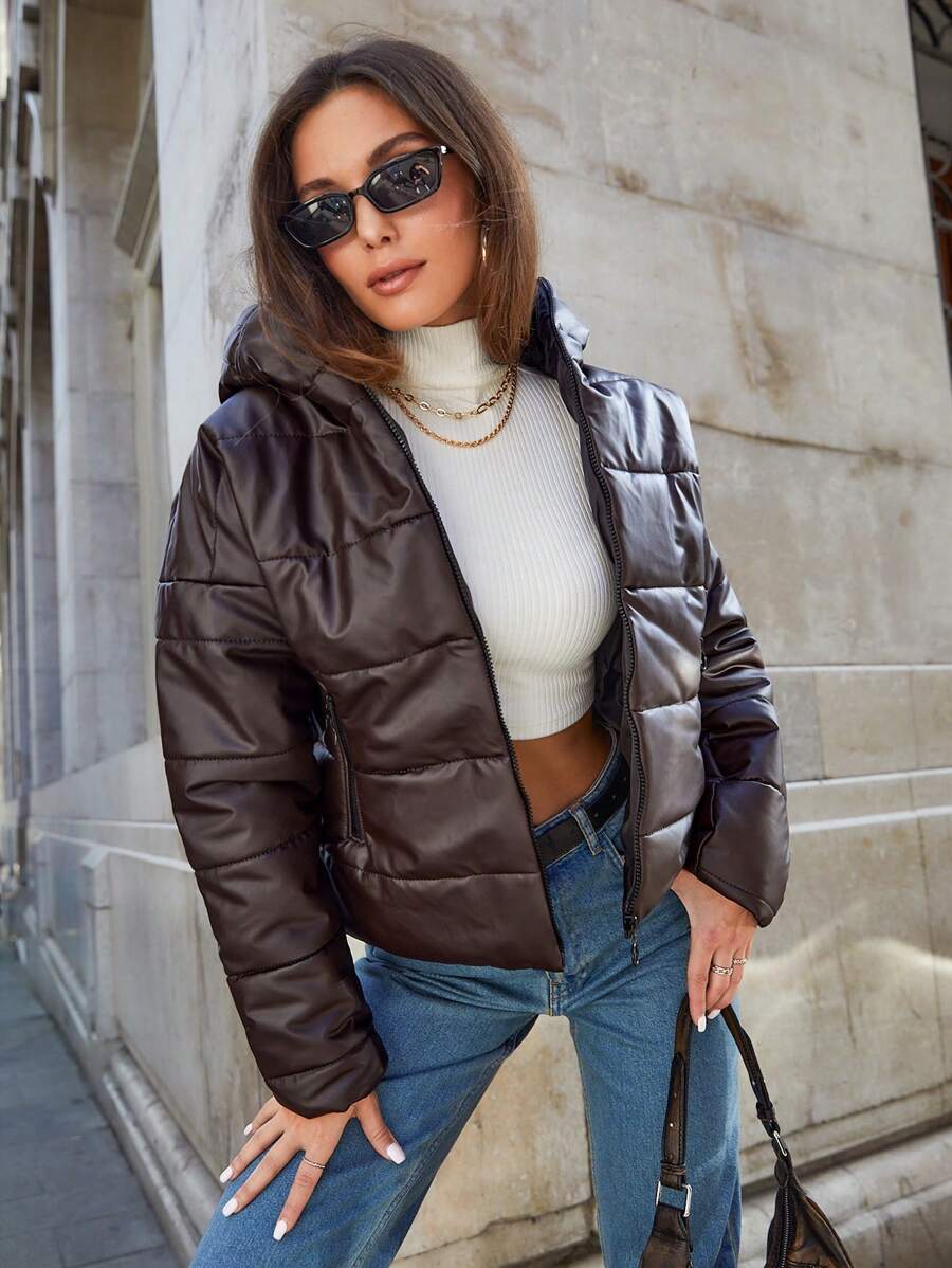 EURMUSE Women'S Zipper Front Hooded Padded Coat - Black - View 1