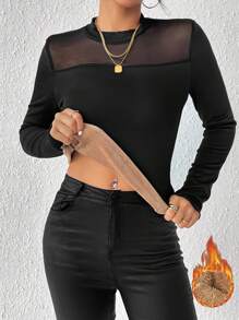 SHEIN Clasi Ách lưới Cổ giả Lót nhiệt Áo thun - màu đen - Xem 1