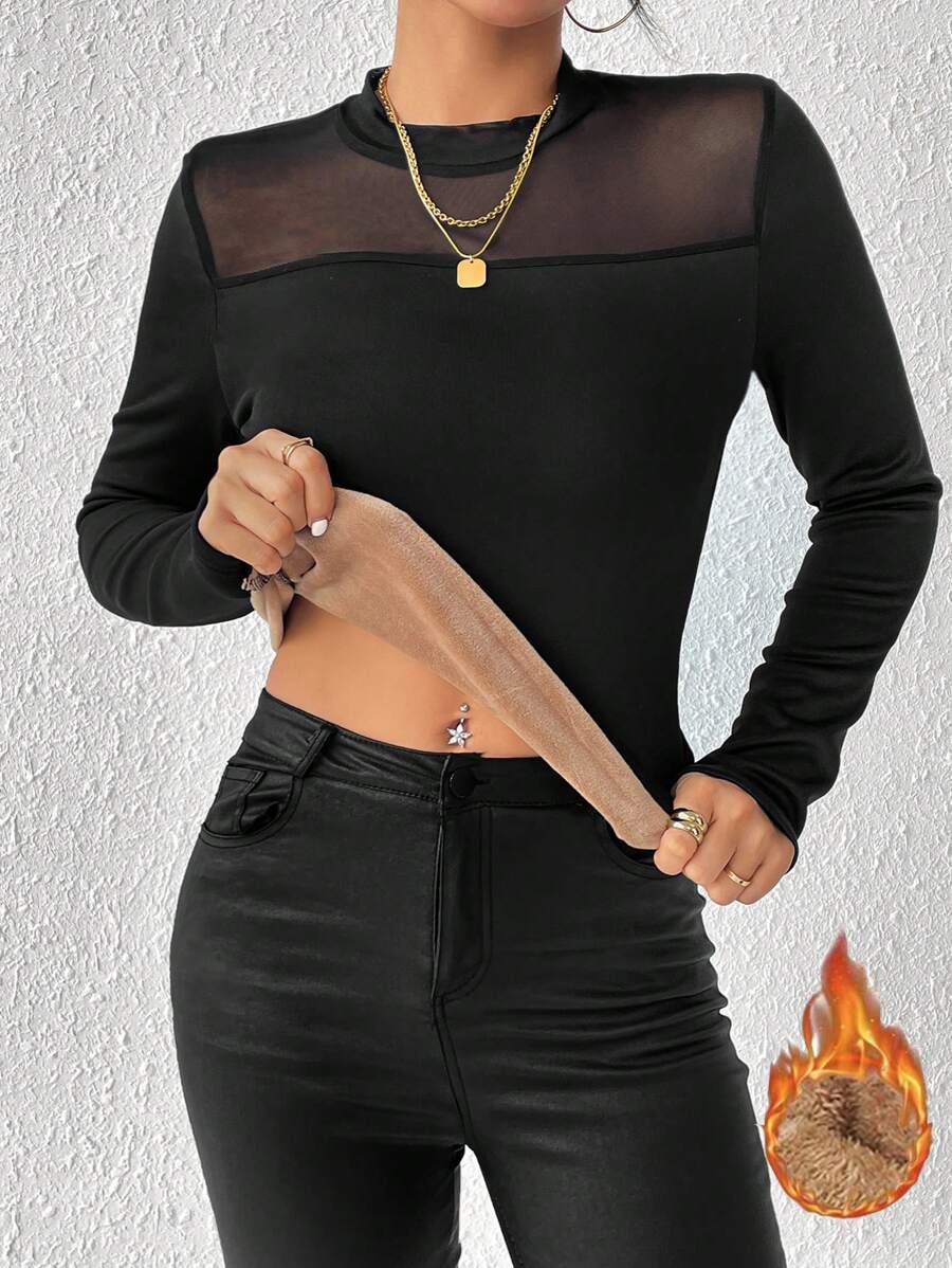 SHEIN Clasi Ách lưới Cổ giả Lót nhiệt Áo thun - màu đen - Xem 1