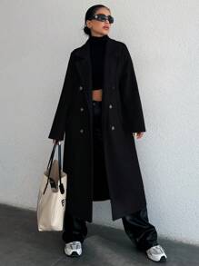 EURMUSE 女士雙排扣長毛呢外套 - 黑色 - 查看 3