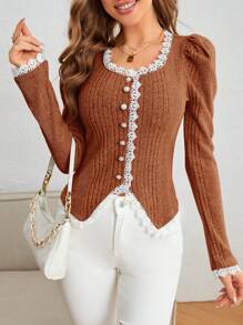 SHEIN Privé 女款蕾絲拼接羊肚袖夾克 - 鏽棕色 - 查看 3