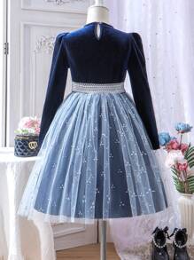 SHEIN 女孩層疊網紗裙配腰帶和羊肉袖 - 彩色 - 查看 2