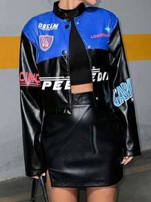 EURMUSE Của phụ nữ chất liệu da PU Áo khoác Với In thư - màu đen - Xem 5