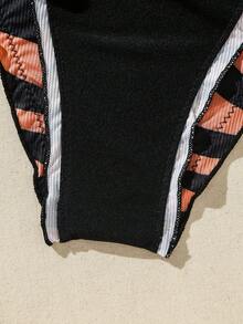 SHEIN Swim 虎纹吊带扭纹设计比基尼套装夏季海滩 - 橘色 - 查看 4