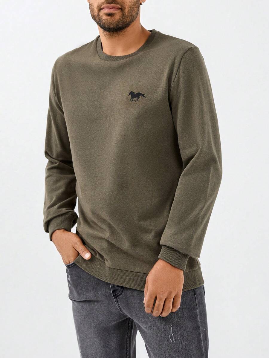 RueChic Men Horse Print Sweatshirt - Army Green - View 1