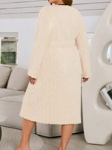 加大碼女士絨布浴袍連腰帶 - 杏色 - 查看 3