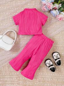 SHEIN Baby Girl Infant Girls' Turn-Down Collar Shirt And Pants Set - Hot Pink - View 2