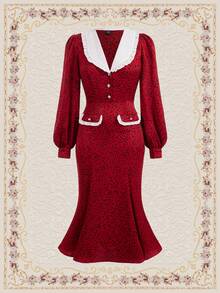 SHEIN DECDS Vintage & Elegant Women'S Bodycon Dress With Large Collar And Mermaid Hem For Autumn/Winter - Red - View 3