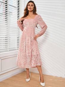 GENKIRA Vestido De Manga Comprida Com Mangas Lanternas De Gola Quadrada De Jacquard Com Estampa De Leopardo - Rosa Bebê - Visão 1