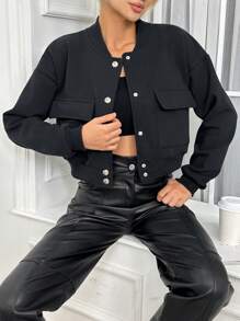 SHEIN Cottnline 女式翻蓋棒球夾克 - 黑色 - 查看 5