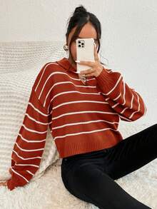 SHEIN Unity 女用條紋落肩領毛衣 - 鏽棕色 - 查看 4