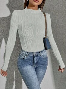 SHEIN Essnce Màu thuần Một nửa Áo cao cổ Tay áo dài Áo thun - Màu Xám nhạt - Xem 4